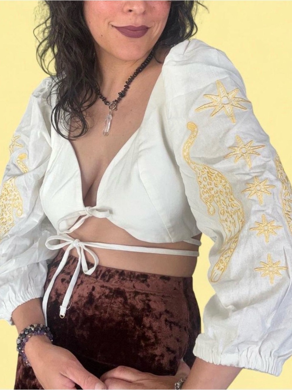 White Embroidered Tie-Front Peasant Top